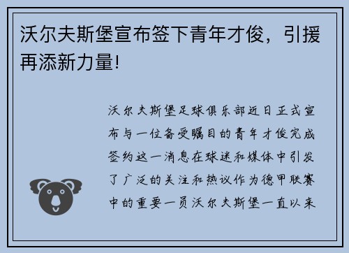 沃尔夫斯堡宣布签下青年才俊，引援再添新力量!